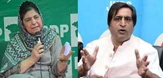 Mehbooba Mufti and Sajjad Lone speaking at a press conference