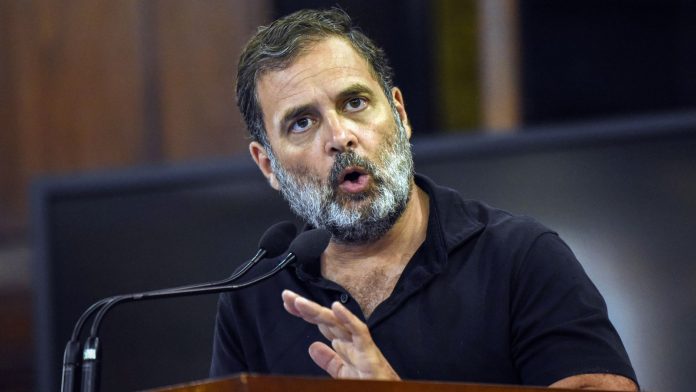 Rahul Gandhi holding a press conference discussing vote theft allegations